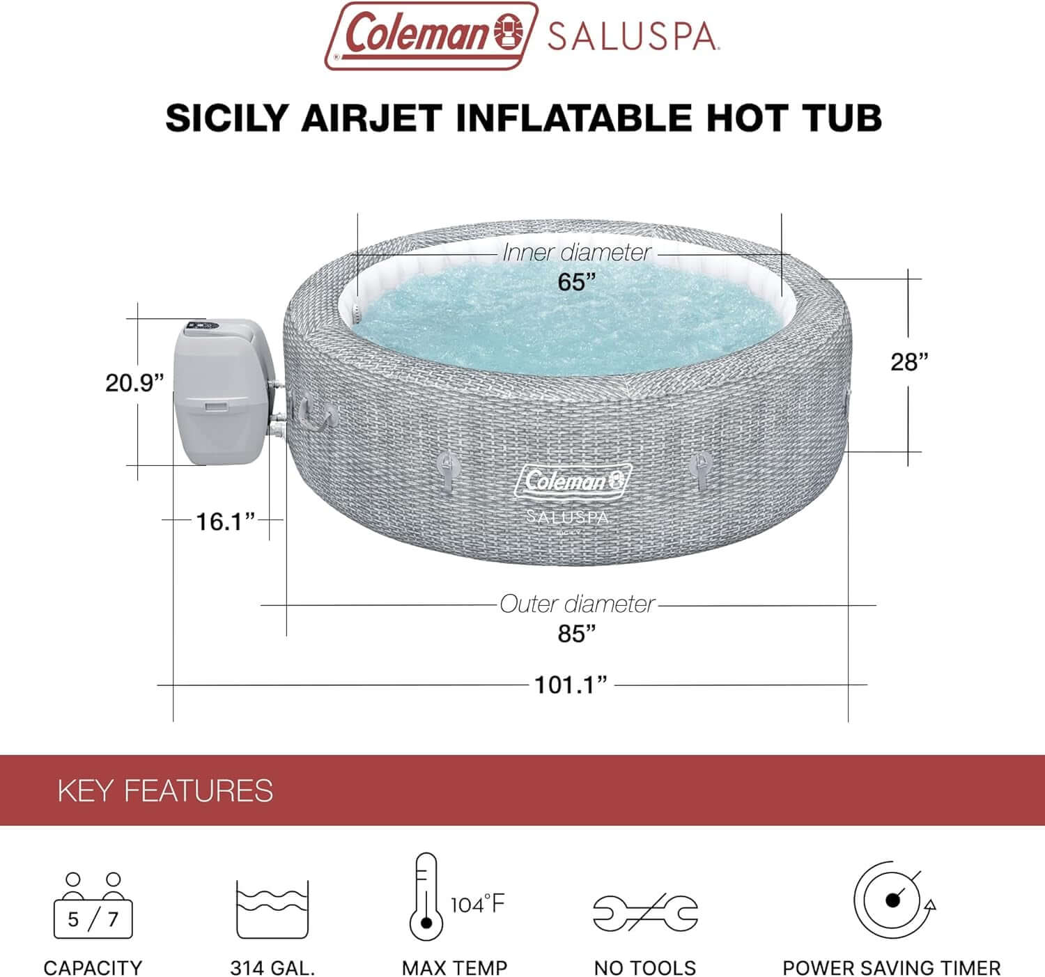 7 Person Gray Inflatable Hot Tub 180 Jets