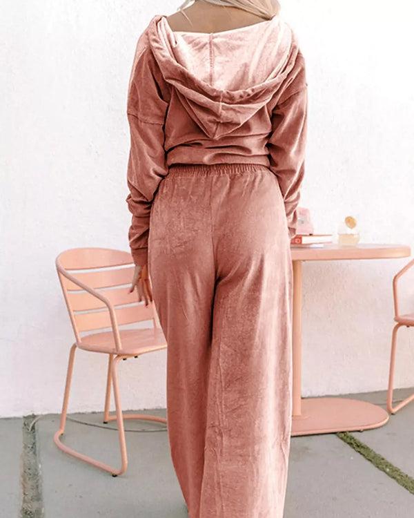 Zip Up Dropped Shoulder Hooded Top and Pants Set