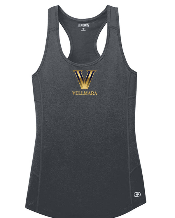 Women's Racerback Tank Top By Vellmara in dark gray with Vellmara logo on the front.