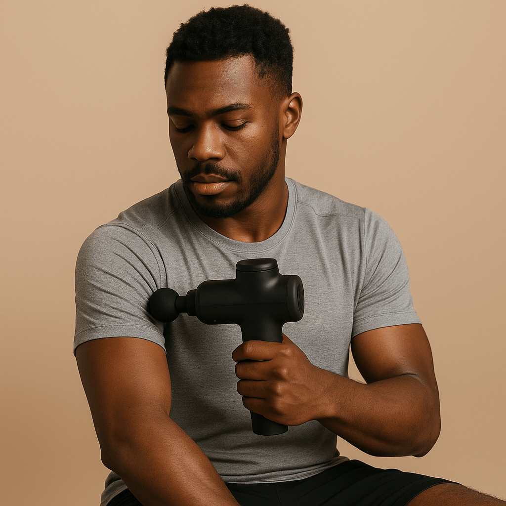 Man using massage gun for recovery in the Recharge & Recover Collection, featuring wellness and relaxation tools.