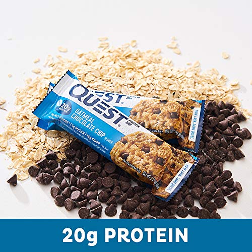 Protein Bars and Snacks featuring Quest oatmeal chocolate chip bars with oats and chocolate chips.