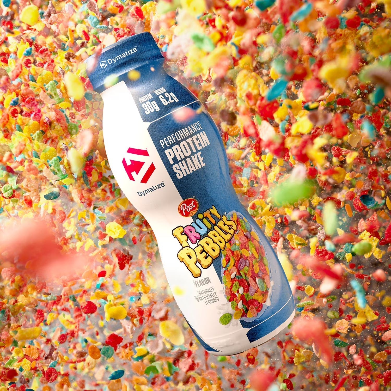 Ready To Drink Protein Shakes featuring Post Fruity Pebbles flavor in a colorful explosion of cereal.