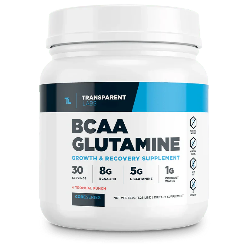 Amino Acids BCAA and EAA supplement by Transparent Labs for muscle growth and recovery.