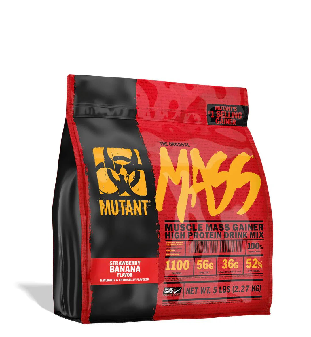 Mass Gainers protein powder bag featuring strawberry banana flavor, designed for muscle growth and recovery.