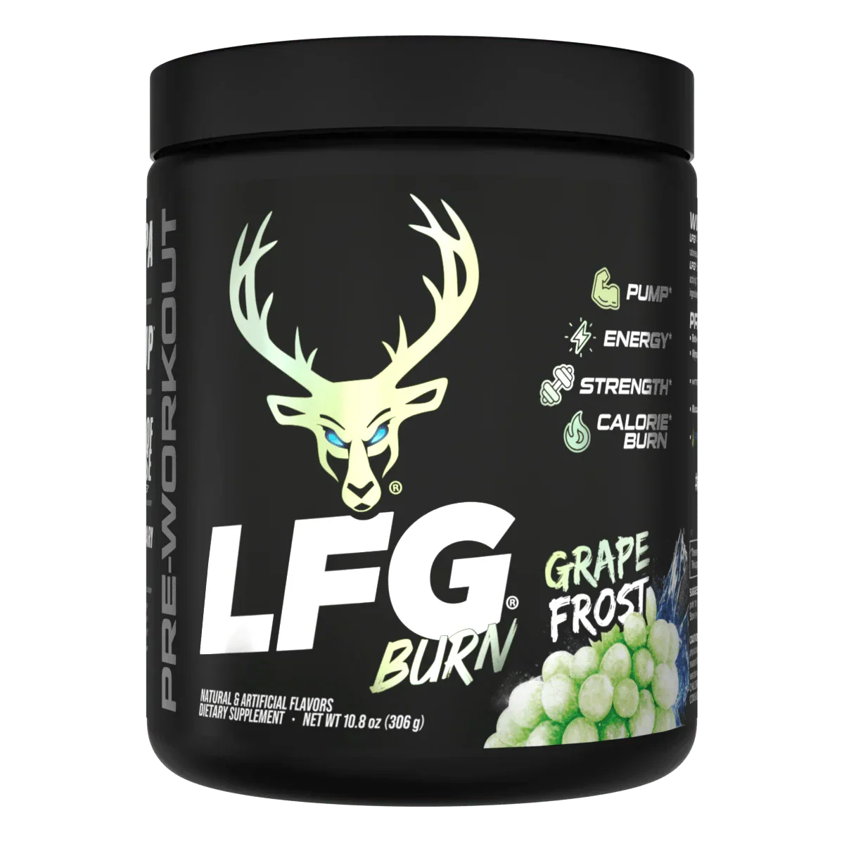 LFG Burn pre-workout supplement container in Grape Frost flavor for weight management and energy support.