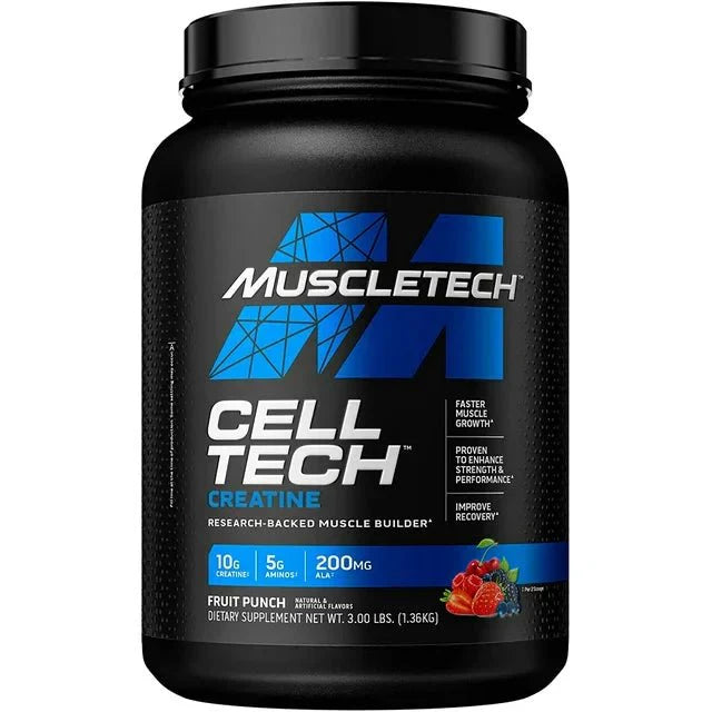 MuscleTech Cell Tech Creatine fruit punch supplement for strength and muscle growth in a black container.