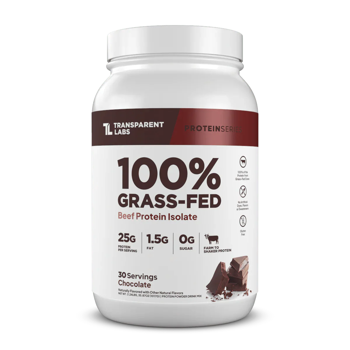 Protein Powders: Transparent Labs 100% Grass-Fed Beef Protein Isolate with 25g protein per serving.