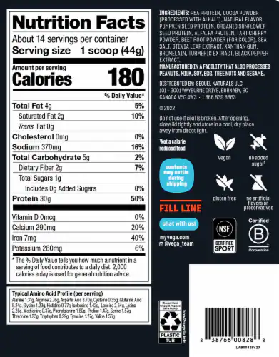 Vega Sport Protein Powder – Chocolate – 27.8 oz (Plant-Based)