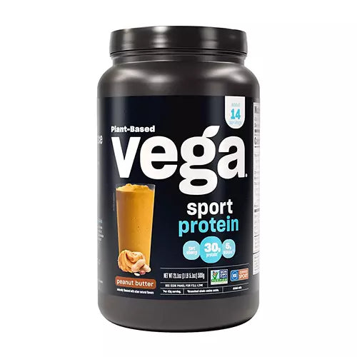Vega Sport Protein Powder – Peanut Butter flavor in a 21.1 oz container with protein shake.