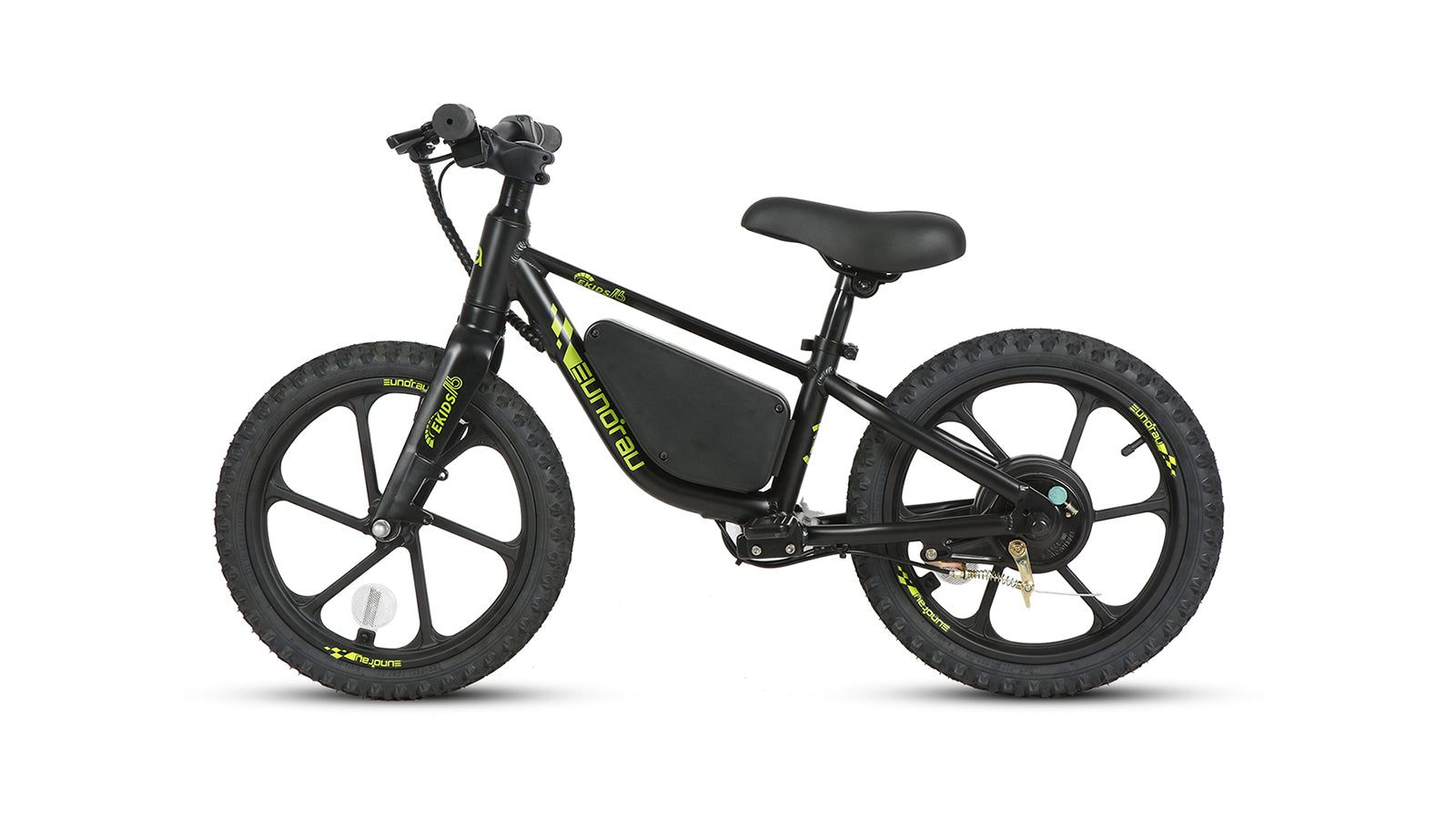 EKIDS-16 inch performance Ebike showcasing its sleek design and sturdy tires, perfect for young riders.