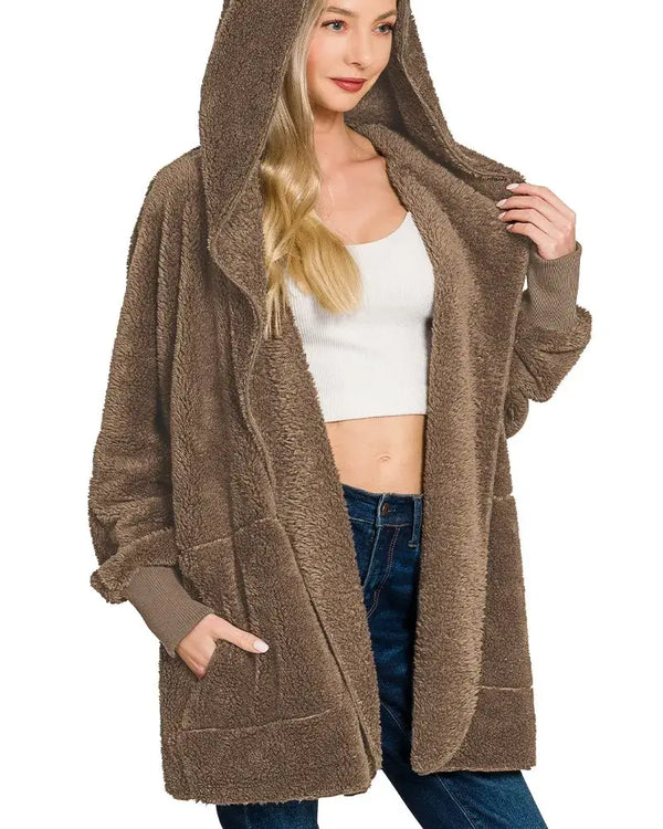 Zenana Hooded Faux Fur Jacket with Pockets