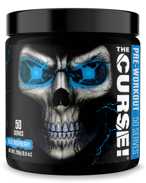 The Curse Pre-Workout container featuring blue raspberry flavor, 50 servings, with a skull design.