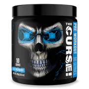 The Curse Pre-Workout container featuring blue raspberry flavor, 50 servings, with a skull design.