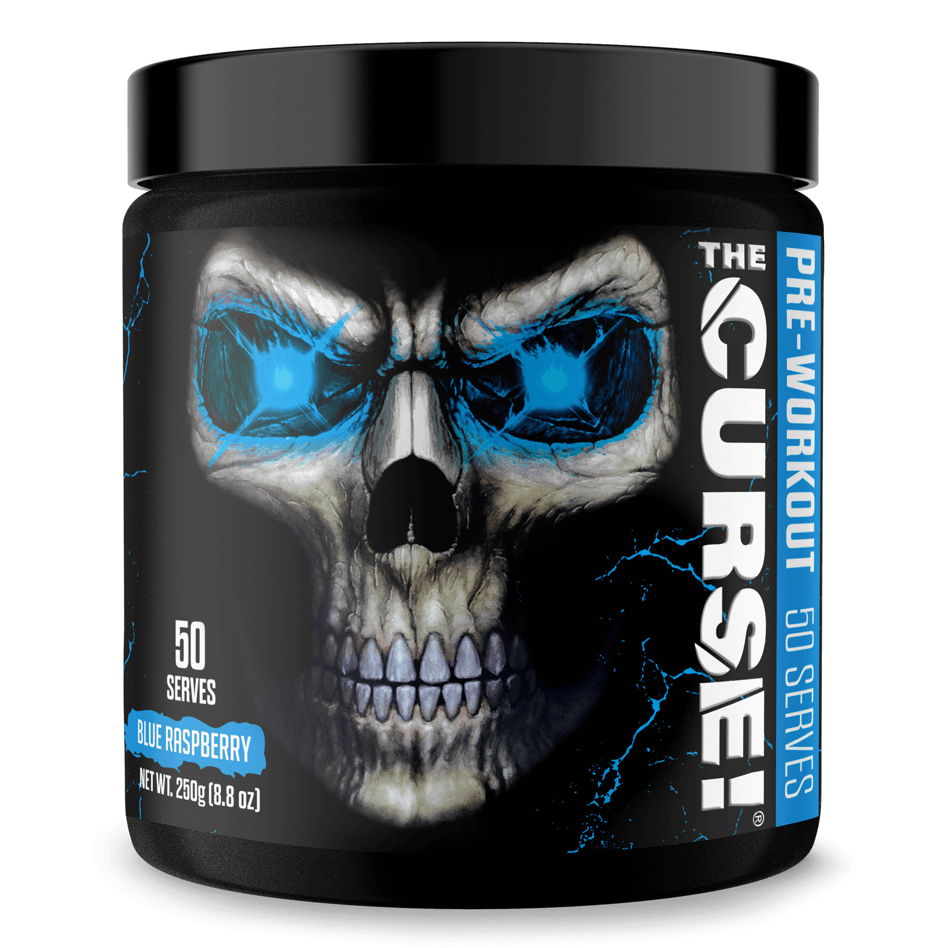 The Curse Pre-Workout container featuring blue raspberry flavor, 50 servings, with a skull design.