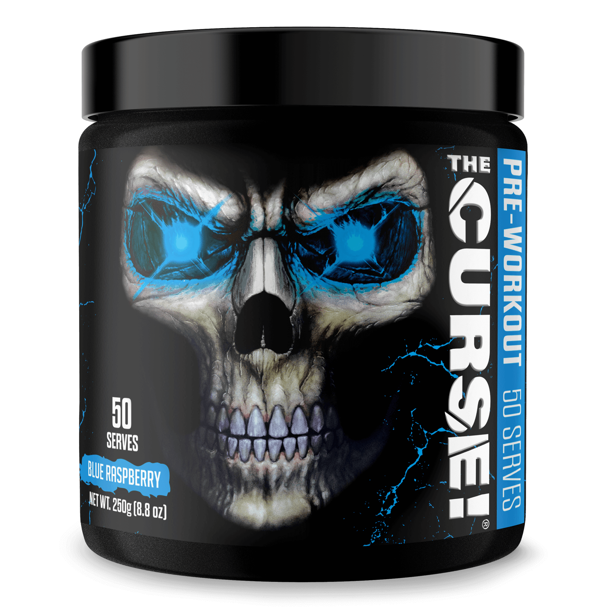 The Curse Pre-Workout container featuring blue raspberry flavor, 50 servings, with a skull design.