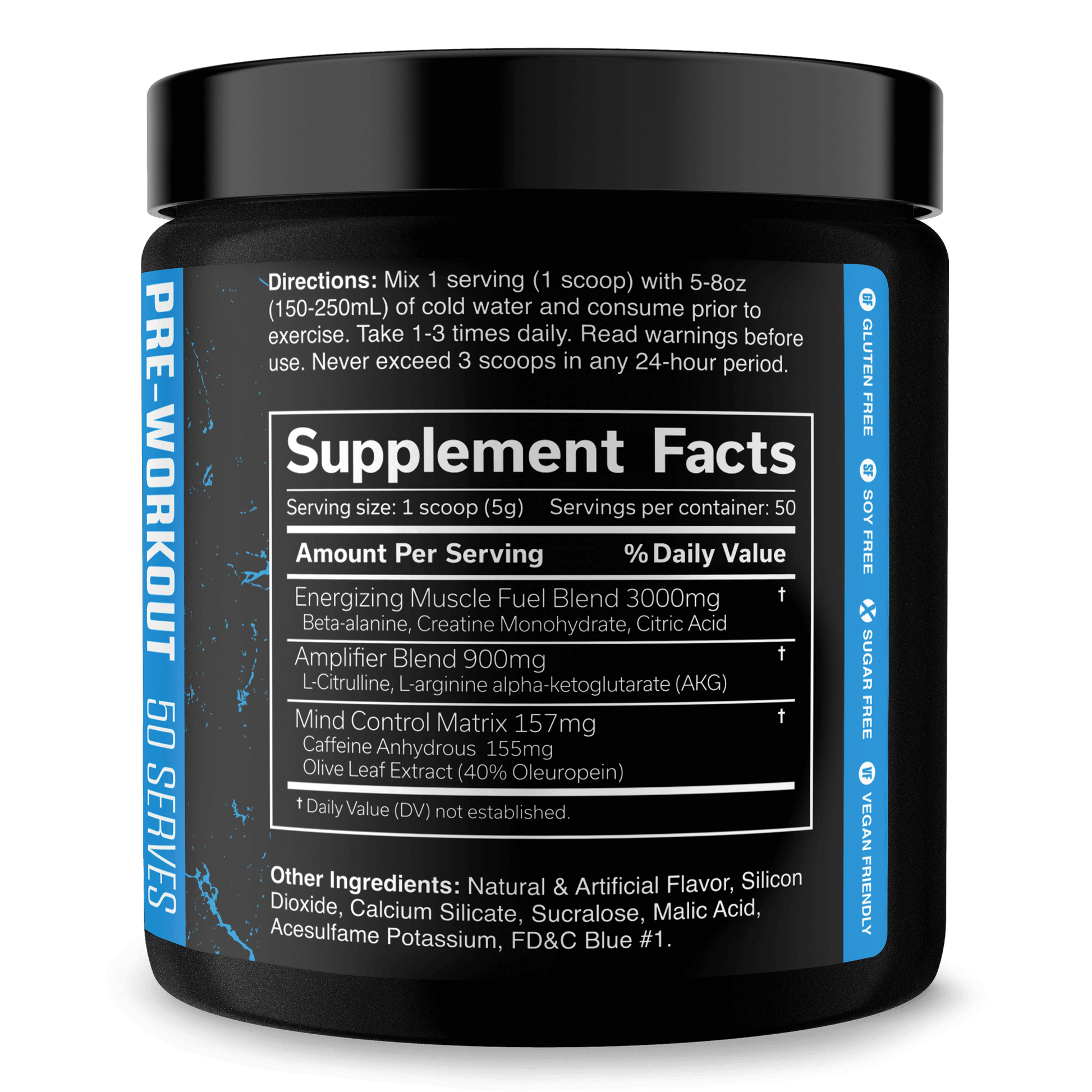 The Curse Pre-Workout supplement facts label showing serving size and ingredients for enhanced energy and performance.
