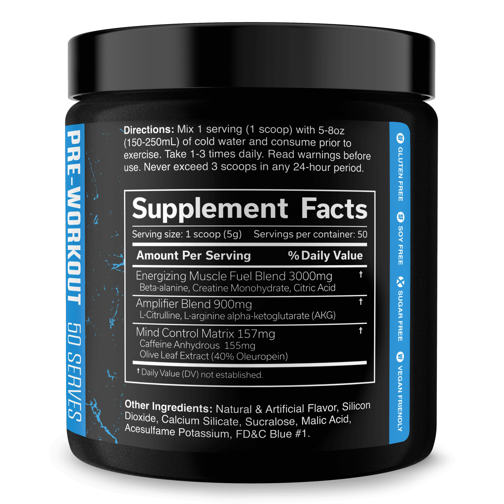 The Curse Pre-Workout supplement facts label showing serving size and ingredients for enhanced energy and performance.