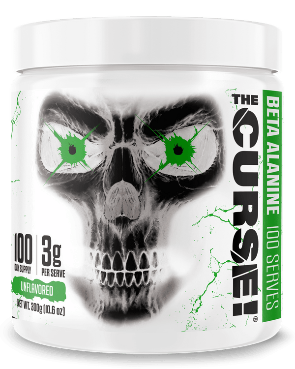 The Curse Beta Alanine supplement container showcasing 3g per scoop, 100 servings, unflavored formula with skull design.