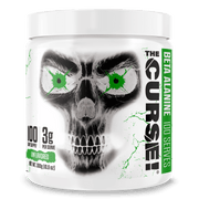 The Curse Beta Alanine supplement container showcasing 3g per scoop, 100 servings, unflavored formula with skull design.