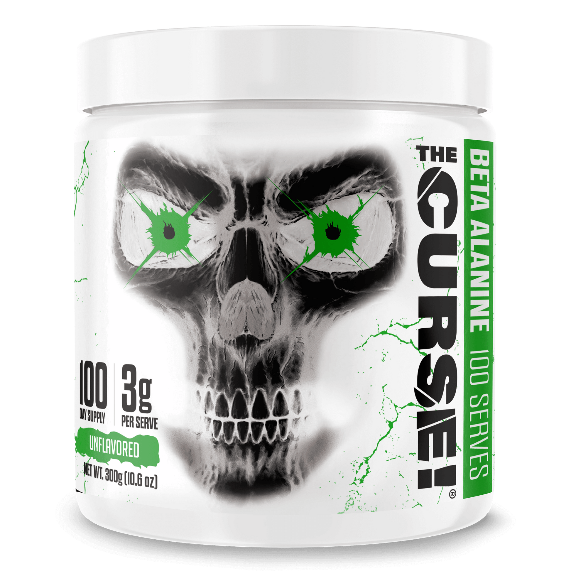 The Curse Beta Alanine supplement container showcasing 3g per scoop, 100 servings, unflavored formula with skull design.