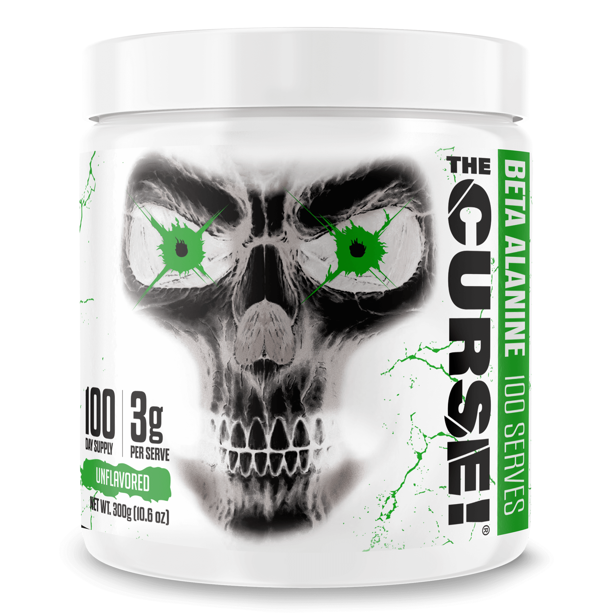 The Curse Beta Alanine supplement container showcasing 3g per scoop, 100 servings, unflavored formula with skull design.