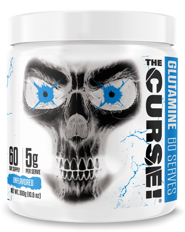 The Curse Micronized Glutamine supplement container with skull design, 60 servings of unflavored glutamine.
