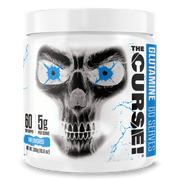 The Curse Micronized Glutamine supplement container with skull design, 60 servings of unflavored glutamine.
