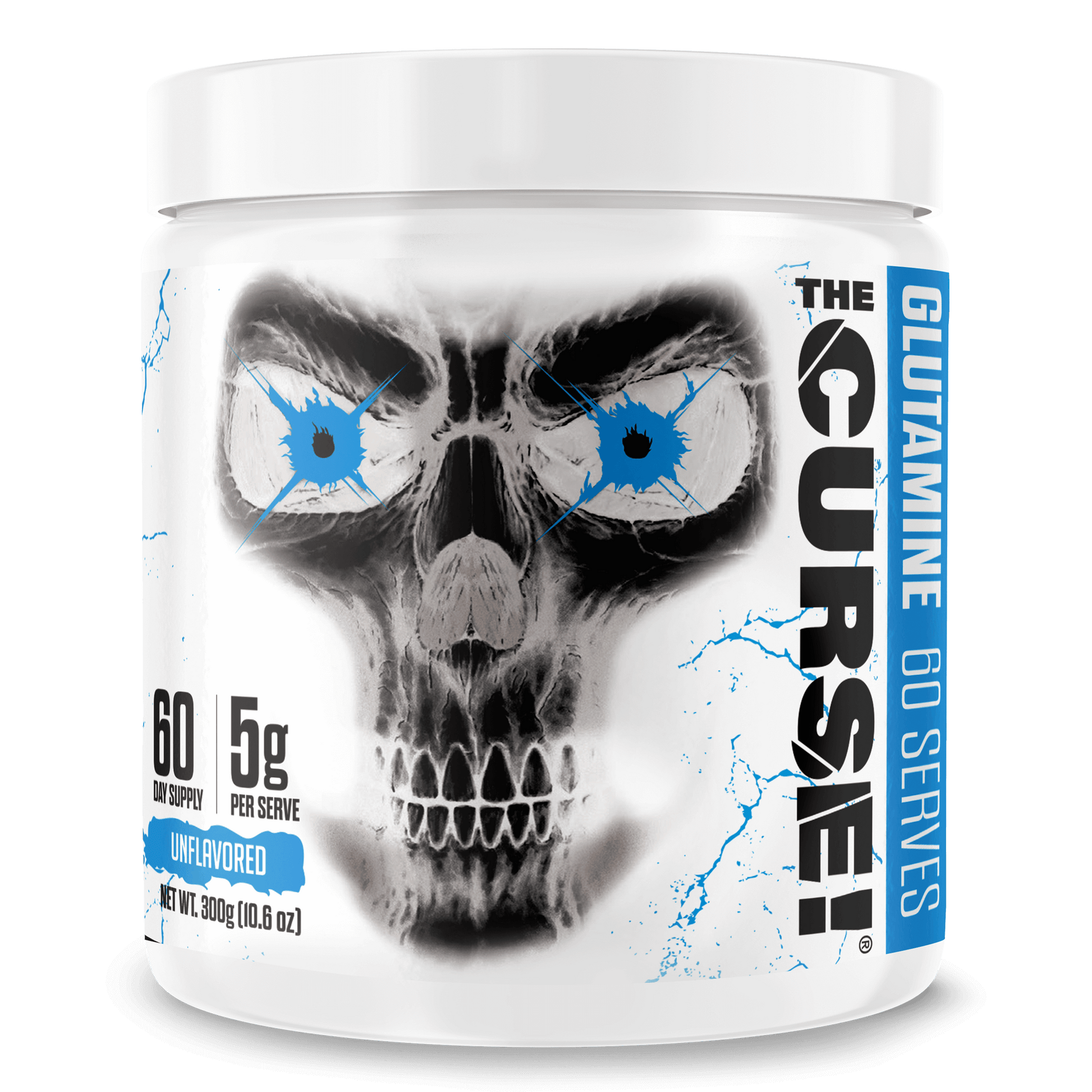 The Curse Micronized Glutamine supplement container with skull design, 60 servings of unflavored glutamine.
