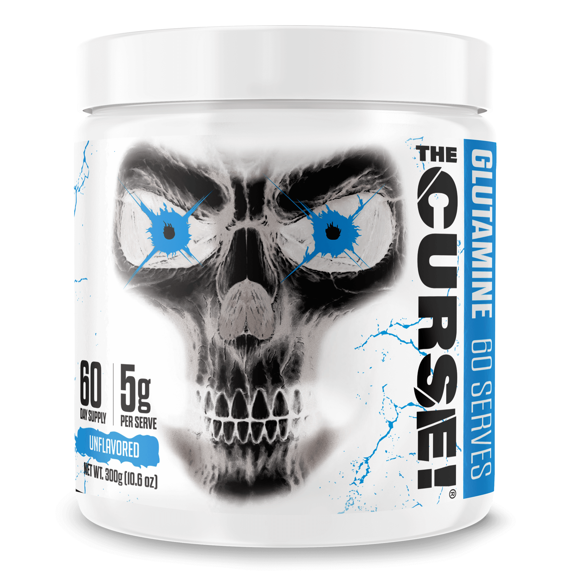 The Curse Micronized Glutamine supplement container with skull design, 60 servings of unflavored glutamine.