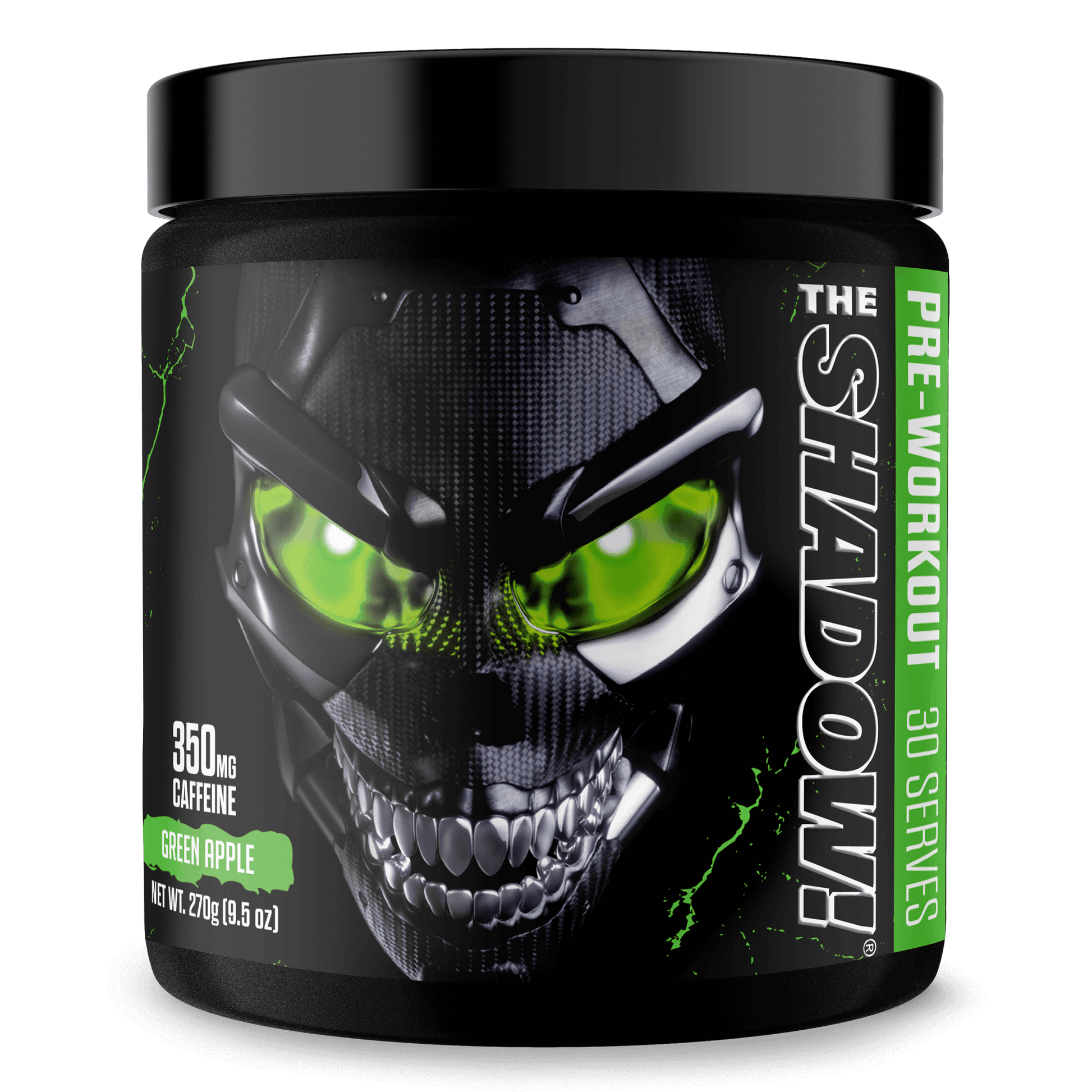 The Shadow Pre-Workout container featuring green apple flavor with 350mg caffeine, designed for energizing workouts.