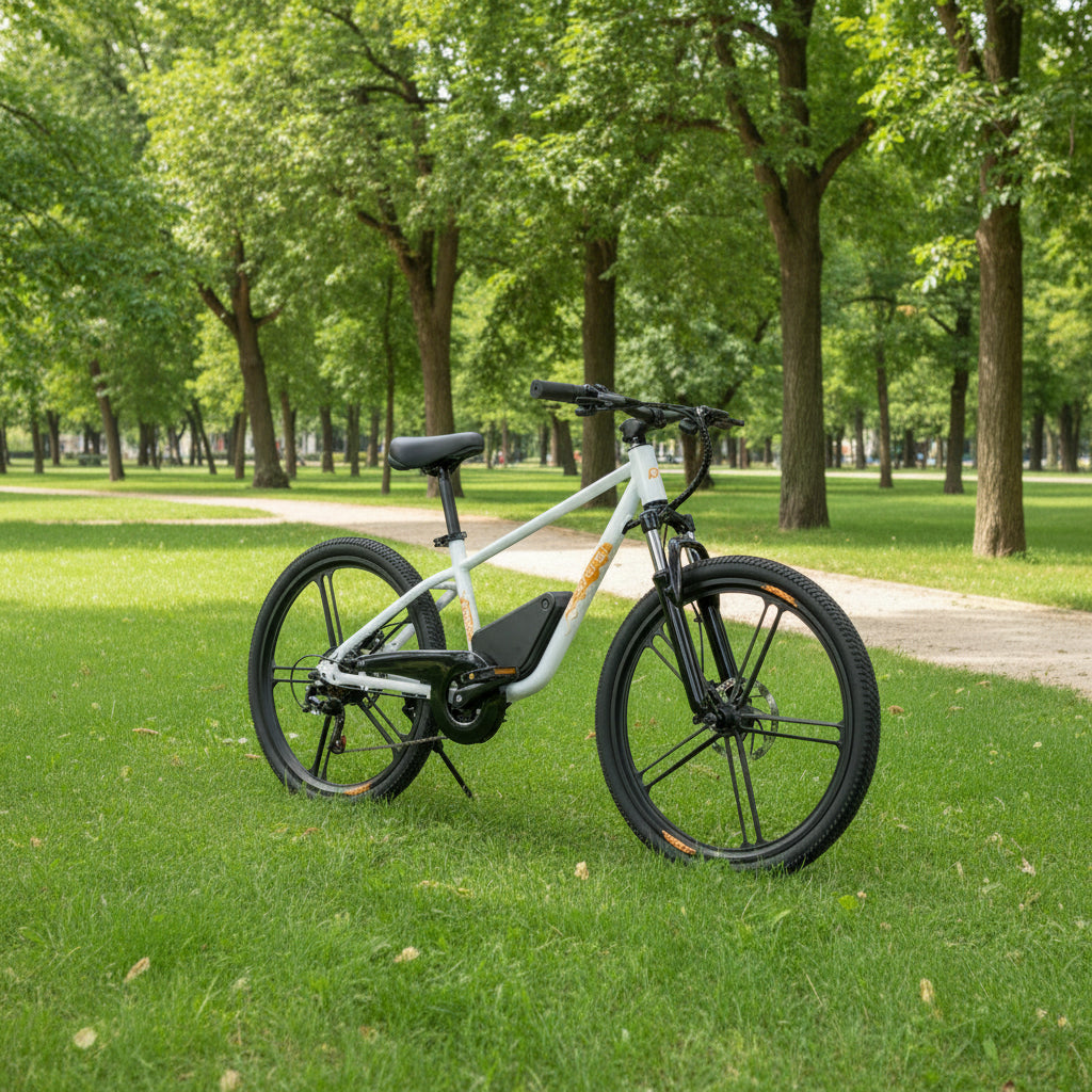 EKIDS-24 Performance Ebike with 24V250W motor and 20 miles range, featuring a white frame and black tires.