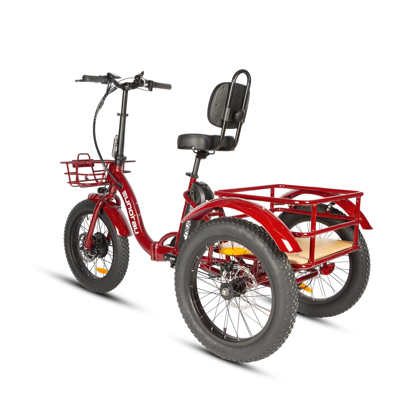 New-Trike 2.0 City Ebike in red color with a basket and rear cargo area for efficient city travel.