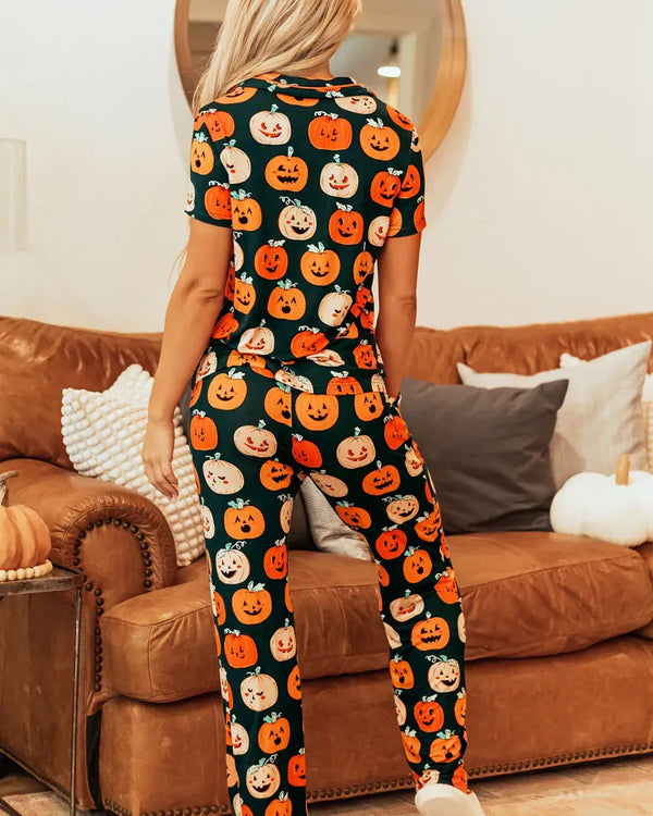 Pumpkin Printed Short Sleeve Top and Pants Lounge Set