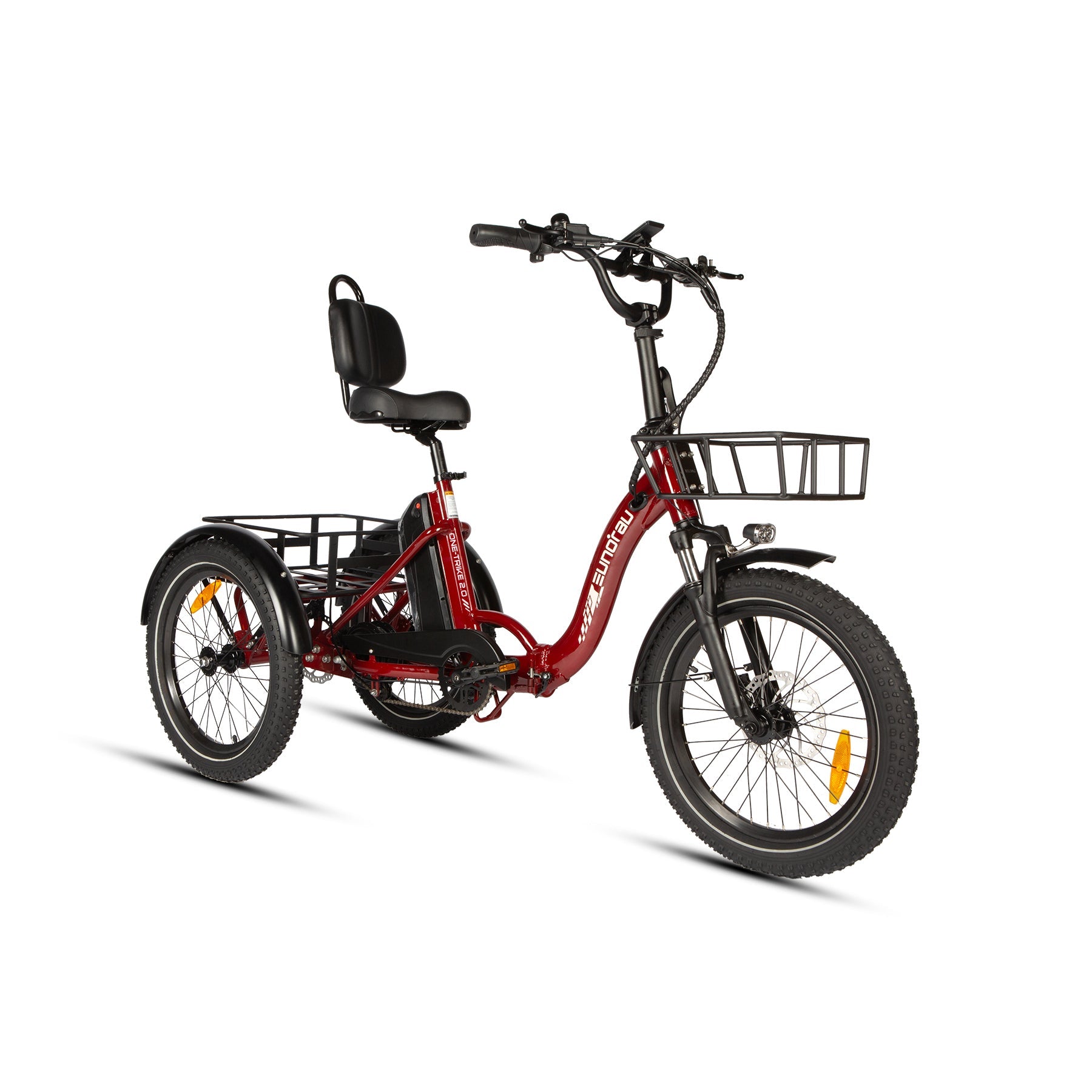 ONE-TRIKE 2.0 City Ebike featuring a comfortable seat and sturdy rear basket.
