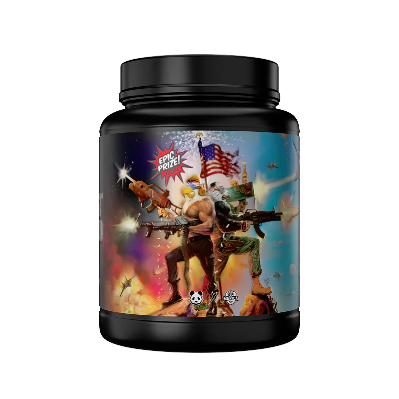 Panda Supps X Merica Labs Collab First Blood Pre Workout container featuring vibrant artwork and bold graphics.