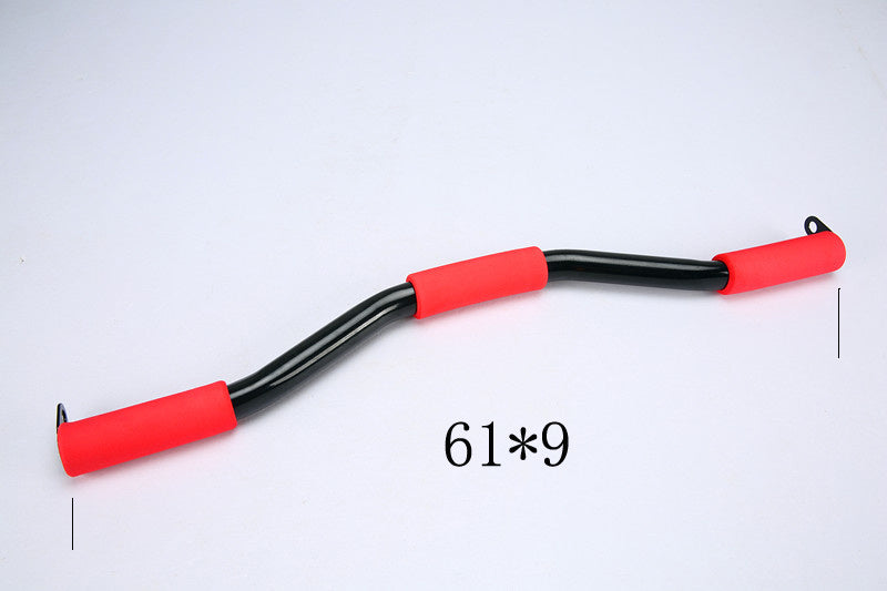 Home Fitness Door Unit Multi-function, multi-functional exercise pull bar with red grips and black body.