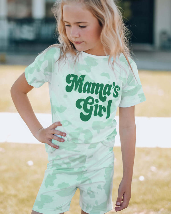 Girls Printed Letter Graphic Lounge Set featuring a camouflage print and a cheerful design for summer wear.
