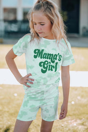 Girls Printed Letter Graphic Lounge Set featuring a camouflage print and a cheerful design for summer wear.