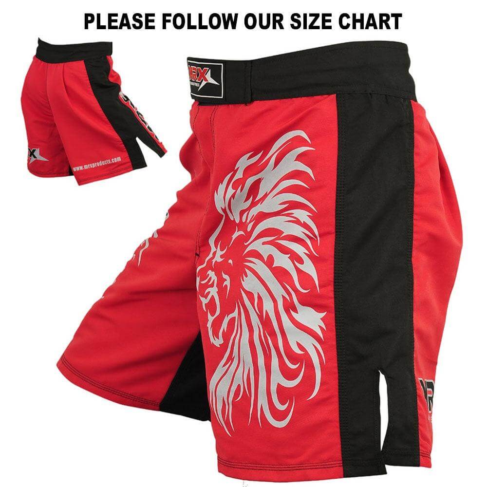 MRX Men's MMA Grappling UFC Fighting Short 1103 in red with lion design and split seams for enhanced mobility.