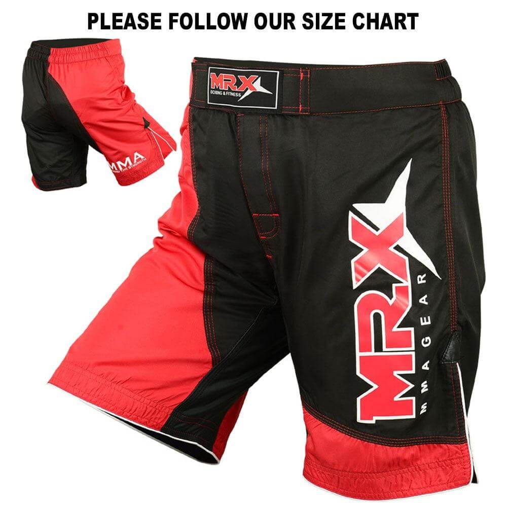 MRX Men's MMA Grappling UFC Fight Shorts in black and red, showcasing durable fabric and size chart notification.