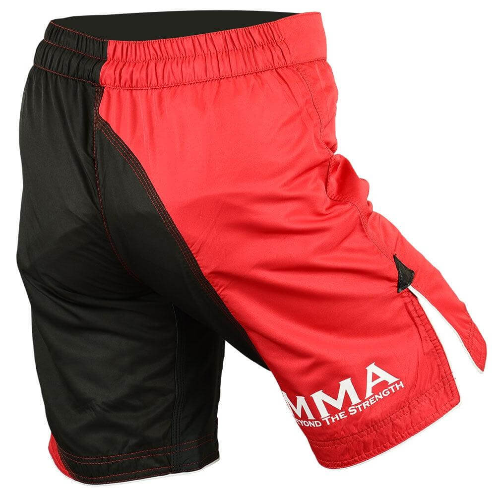 MRX Men's MMA Grappling UFC Fight Shorts in red and black with MMA branding, designed for durability and performance.
