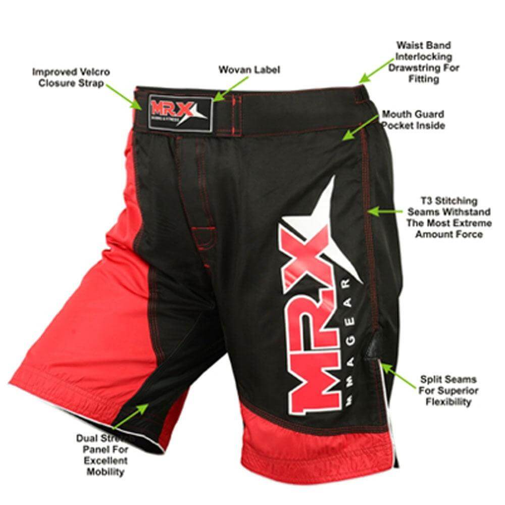 MRX Men's MMA Grappling UFC Fight Shorts featuring improved velcro closure, dual split seams, and T3 stitching for extreme force.