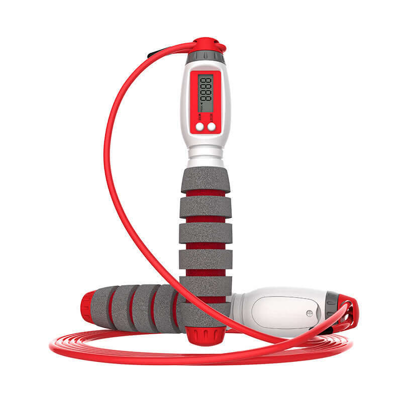 Electronic Counting Rope For Fitness Training in red and gray design with digital display and textured handles.