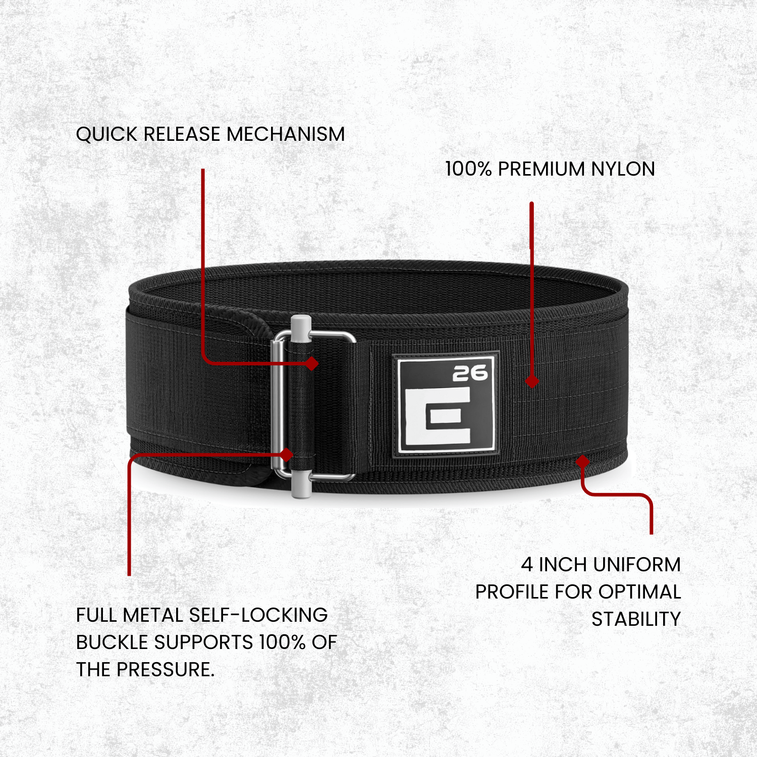 Self Locking Weightlifting Belt with quick-release buckle, 100% premium nylon, and uniform profile for stability.
