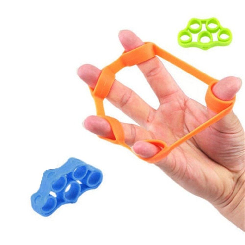 Silicone Finger Trainer Hand Gripper Resistance Bands Fitness in orange and blue colors, designed to improve grip strength.