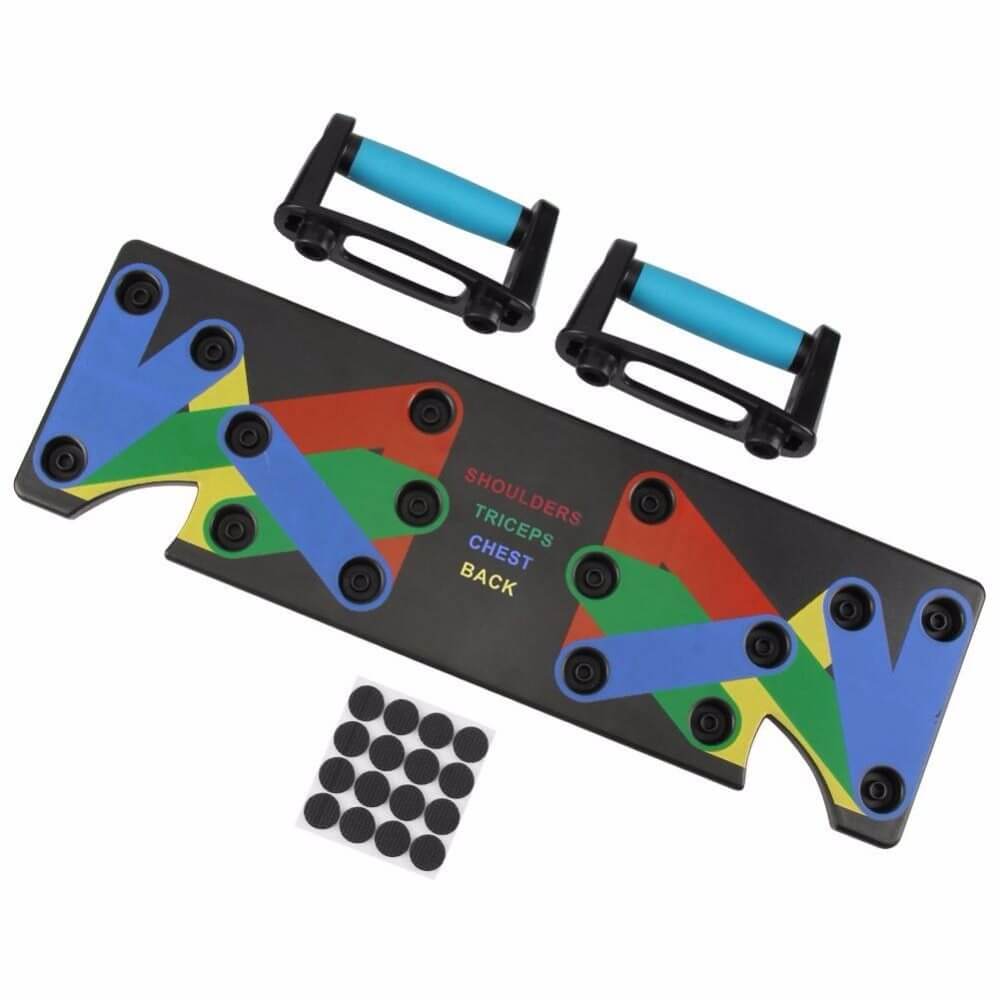 Push Up Rack Edge 9 in 1 Body Building Fitness Tools with handle grips and color-coded guide for muscle targeting.