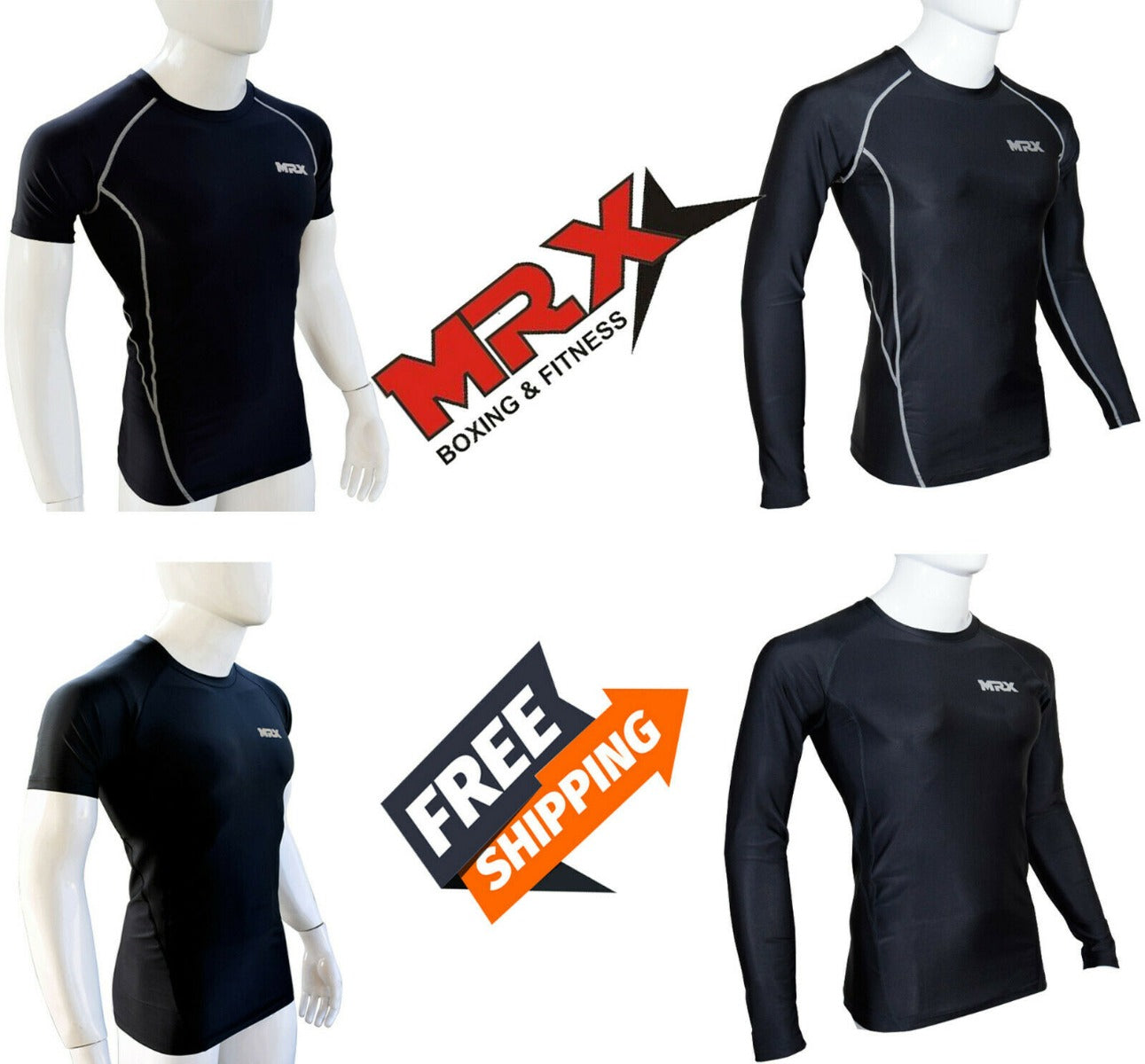 MRX Men's Compression Workout Rash Guard Top displayed on multiple models, highlighting free shipping.
