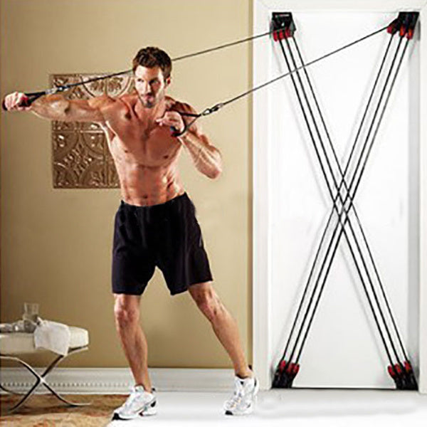 Home Fitness Door Unit Multi-function in use with resistance ropes for strength training.