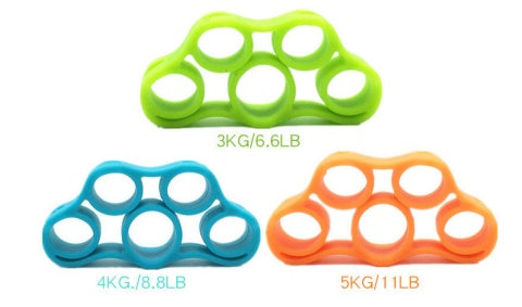 Silicone Finger Trainer Hand Gripper Resistance Bands Fitness in green, blue, and orange with weight markings.