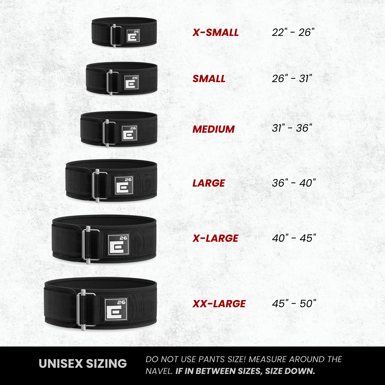 Sizing chart for Self Locking Weightlifting Belt showing unisex size measurements from X-Small to XX-Large.